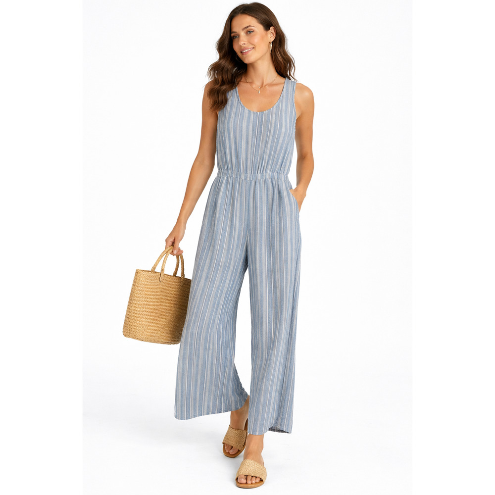 Cloth & Stone Striped Jumpsuit Medium Blue White Sleeveless Wide Leg Anthro